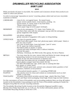 DRUMHELLER RECYCLING ASSOCIATION SORT LIST 2010 While practically all paper is recyclable, the markets and economics dictate what products are viable to collect and process. In order to encourage 