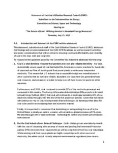 Statement of the Coal Utilization Research Council (CURC) Submitted to the Subcommittee on Energy Committee on Science, Space and Technology Hearing on “The Future of Coal: Utilizing America’s Abundant Energy Resourc