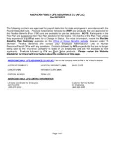 AMERICAN FAMILY LIFE ASSURANCE CO (AFLAC) Rev[removed]The following products are approved for payroll deduction for state employees in accordance with the Payroll Deduction rule. Products listed below followed by (FBP