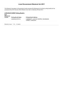 Local Government Electoral Act 2011 The Electoral Commission of Queensland hereby declares the following to be ordinary polling booths for the purposes of the 2012 Aurukun Shire Election to be held on Saturday 28 April 2