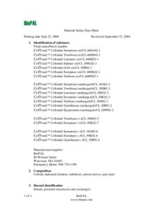 BioPAL Material Safety Data Sheet Printing date Sept 23, 2004 Reviewed September 23, 2004