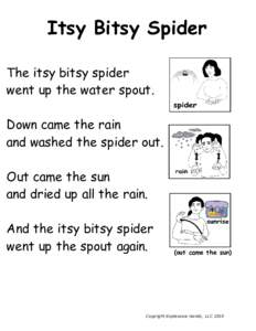 Itsy Bitsy Spider The itsy bitsy spider went up the water spout. Down came the rain and washed the spider out. Out came the sun
