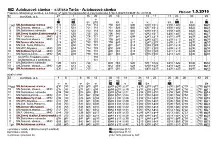 002 Autobusová stanica - sídlisko Tarča - Autobusová stanica  Platí od: Prepravu zabezpečuje:eurobus, a.s.Košice DZ Sp.N.Ves,Spišská Nová Ves,Duklianska 47,tel.č.; 