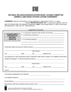 BMI  ® NATIONAL RELIGIOUS BROADCASTERS MUSIC LICENSE COMMITTEE (NRBMLC[removed]RADIO STATION LICENSE AGREEMENT