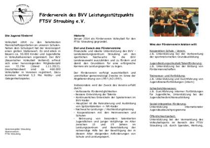 Förderverein des BVV Leistungsstützpunkts FTSV Straubing e.V. Die Jugend fördern! Volleyball zählt zu den beliebtesten Mannschaftssportarten an unseren Schulen.