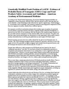 Genetically Modified Foods Position of AAEM - Evidence of Probable Harm of Transgenic (GMO) Crops and Food Products Safety Assessment and Guidelines - American