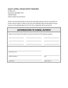 David E. Griffiths, CHELAN COUNTY TREASURER PO BOX 1441 Wenatchee, WAwww.co.chelan.wa.us/treasurer