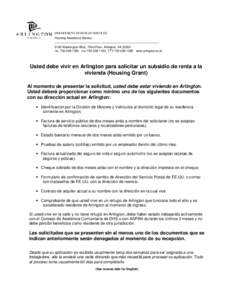 DEPARTMENT OF HUMAN SERVICES Housing Assistance Bureau 2100 Washington Blvd., Third Floor, Arlington, VATELFAXTTYwww.arlingtonva.us  Usted debe vivir en Arlington para sol