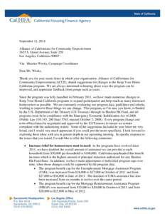 September 12, 2014 Alliance of Californians for Community Empowerment 3655 S. Grand Avenue, Suite 250 Los Angeles, California[removed]Via: Maurice Weeks, Campaign Coordinator Dear Mr. Weeks,