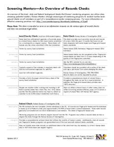 Screening Mentors—An Overview of Records Checks An overview of the local, state and federal background checks that Kansas’ mentoring programs can utilize when screening potential mentors. Kansas Mentors strongly enco