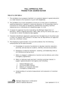 Full Approval for Transition Coordinator Policy & Criteria