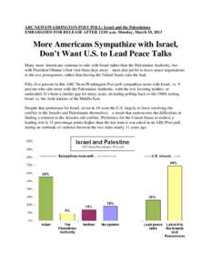 ABC NEWS/WASHINGTON POST POLL: Israel and the Palestinians EMBARGOED FOR RELEASE AFTER 12:01 a.m. Monday, March 18, 2013 More Americans Sympathize with Israel, Don’t Want U.S. to Lead Peace Talks Many more Americans co