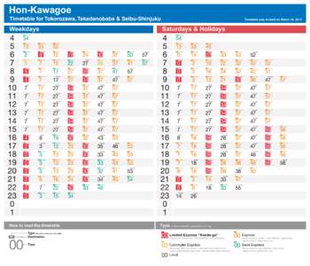 Hon-Kawagoe  Timetable for Tokorozawa, Takadanobaba & Seibu-Shinjuku Timetable was revised on March 16, 2013