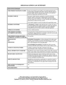 ARKANSAS LEMON LAW SUMMARY EXECUTIVE SUMMARY TIME PERIOD FOR FILING CLAIMS Claims may be filed in court within 2 years following the date the consumer files with BBB AUTO LINE. Guidance from the Attorney