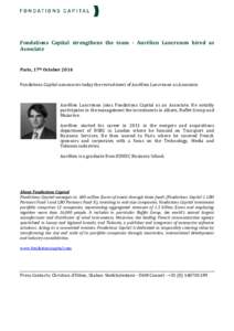 Fondations Capital strengthens the team - Aurélien Lancrenon hired as Associate Paris, 17th October 2014 Fondations Capital announces today the recruitment of Aurélien Lancrenon as Associate.