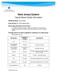West Jersey System Typical Water Quality Information PWSID Number: NJ1247009 Area Served: Mt. Olive (Budd Lake) Where Does My Water Come From? Five wells that use ground water supplies from a blend of sources that may