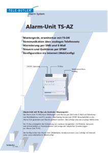 Alarm-Unit TS-AZ Mastergerät, erweiterbar mit TS-DR Kommunikation über analoges Telefonnetz Alarmierung per SMS und E-Mail Steuern und Quittieren per DTMF Konfiguration via Internet (WebConfig)