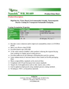 Nanolok WRProduct Data Sheet Product Description High Barrier, Water Based, Environmentally Friendly, Nanocomposite