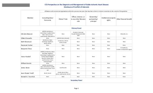 CCS Perspective on the Diagnosis and Management of Stable Ischemic Heart Disease Disclosure of Conflict of Interests Affiliations with commercial organizations within the previous two years that may have a direct or indi