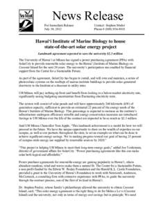 Microsoft Word - UH Manoa press release on Renewable Energy Project at Coconut Island.doc