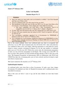 Dated: 23rd February 2014 Syrian Arab Republic Situation Report No. 12 Highlights 