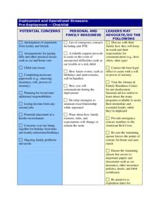 Deployment and Operational Stressors: Pre-Deployment -- Checklist POTENTIAL CONCERNS Anticipation of separation from family and friends