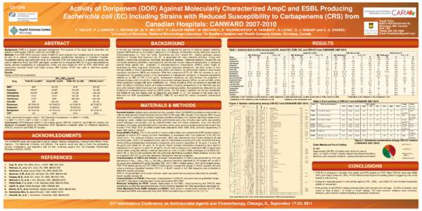 C2[removed]Activity of Doripenem (DOR) Against Molecularly Characterized AmpC and ESBL Producing Escherichia coli (EC) Including Strains with Reduced Susceptibility to Carbapenems (CRS) from Canadian Hospitals: CANWARD 200