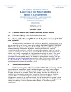 Memorandum from Ranking Member Henry A. Waxman, “Examining FDA’s Role in the Regulation of Genetically Modified Food Ingredients” (December 9, 2014)