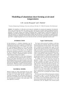 Modelling of aluminium sheet forming at elevated temperatures A.H. van den Boogaard∗ and J. Huétink∗ ∗  Faculty of Engineering Technology, University of Twente, P.O. Box 217, 7500 AE Enschede, The Netherlands