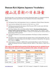Danzan-Ryū Jūjutsu Japanese Vocabulary  檀山流柔術の日本語彙 The following table is a list of Japanese terms found in Danzan-Ryū Jūjutsu. It is designed to help the Jūjutsu student or teacher easily locate