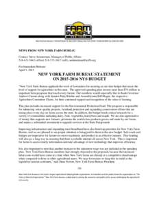 NEWS FROM NEW YORK FARM BUREAU Contact: Steve Ammerman, Manager of Public Affairsofficecell),  For Immediate Release: April 1, 2015
