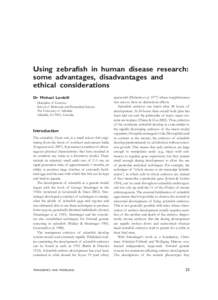 Using zebrafish in human disease research: some advantages, disadvantages and ethical considerations Dr Michael Lardelli Discipline of Genetics School of Molecular and Biomedical Science
