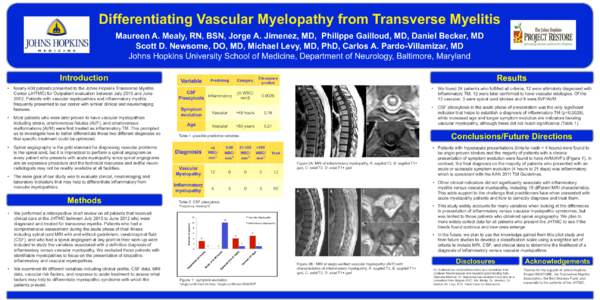 Differentiating Vascular Myelopathy from Transverse Myelitis Maureen A. Mealy, RN, BSN, Jorge A. Jimenez, MD, Philippe Gailloud, MD, Daniel Becker, MD Scott D. Newsome, DO, MD, Michael Levy, MD, PhD, Carlos A. Pardo-Vill