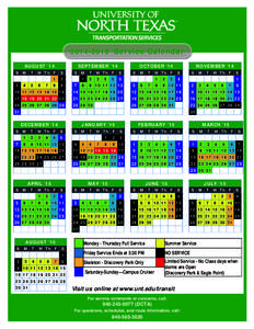 2014–2015 Service Calendar AUGUST ‘14 SEPTEMBER ‘14  S M T W Th F