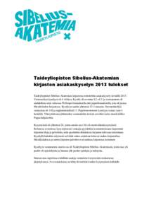 Taideyliopiston Sibelius-Akatemian kirjaston asiakaskyselyn 2013 tulokset Taideyliopiston Sibelius-Akatemian kirjastossa toteutettiin asiakaskysely keväällä 2013. Vastausaikaa kyselyyn oli 4 viikkoa. Kysely oli avoinn