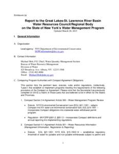 Enclosure (a)  Report to the Great Lakes-St. Lawrence River Basin Water Resources Council/Regional Body on the State of New York’s Water Management Program Updated March 20, 2015
