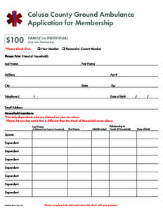 Colusa County Ground Ambulance Application for Membership $100  FAMILY or INDIVIDUAL
