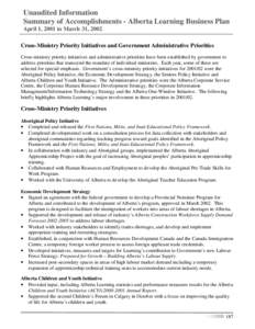 Unaudited Information Summary of Accomplishments - Alberta Learning Business Plan April 1, 2001 to March 31, 2002 Cross-Ministry Priority Initiatives and Government Administrative Priorities Cross-ministry priority initi