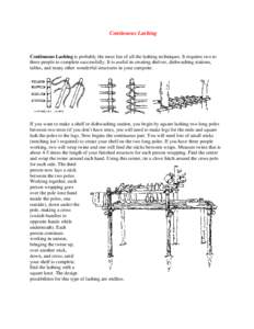 Continuous Lashing  Continuous Lashing is probably the most fun of all the lashing techniques. It requires two to three people to complete successfully. It is useful in creating shelves, dishwashing stations, tables, and