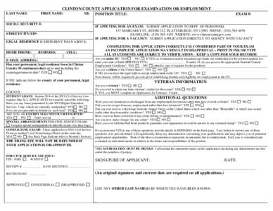 CLINTON COUNTY APPLICATION FOR EXAMINATION OR EMPLOYMENT