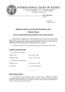 INTERNATIONAL COURT OF JUSTICE Peace Palace, Carnegieplein 2, 2517 KJ The Hague, Netherlands Tel.: + Fax: + Website: www.icj-cij.org  Press Release