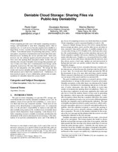 Deniable Cloud Storage: Sharing Files via Public-key Deniability Paolo Gasti Giuseppe Ateniese