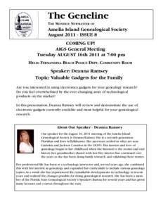 The Geneline THE MONTHLY NEWSLETTER OF Amelia Island Genealogical Society AugustISSUE 8 COMING UP!