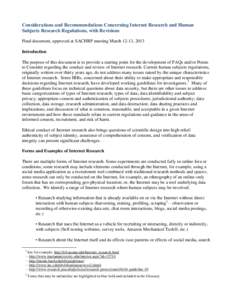 Considerations and Recommendations Concerning Internet Research and Human Subjects Research Regulations, with Revisions Final document, approved at SACHRP meeting March 12-13, 2013 Introduction The purpose of this docume