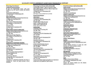 ALLEGANY COUNTY COMMUNITY ASSISTANCE PROGRAMS & SUPPORT Housing Assistance Housing Assistance (Continued)  Food Assistance (Continued)