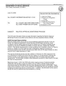STATE OF CALIFORNIA - HEALTH AND HUMAN SERVICES AGENCY  GRAY DAVIS, Governor DEPARTMENT OF SOCIAL SERVICES 744 P Street, Sacramento, CA 95814
