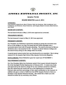 Page 1 of 6  APOPKA HISTORICAL SOCIETY, INC. Apopka, Florida BOARD MINUTES June 6, 2013 ATTENDEES: