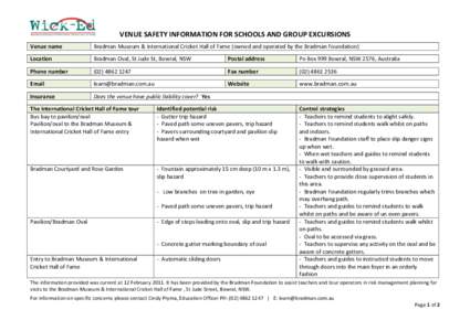   VENUE	
  SAFETY	
  INFORMATION	
  FOR	
  SCHOOLS	
  AND	
  GROUP	
  EXCURSIONS	
   Venue	
  name	
   Bradman	
  Museum	
  &	
  International	
  Cricket	
  Hall	
  of	
  Fame	
  (owned	
  and	
  ope