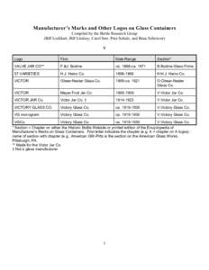 Manufacturer’s Marks and Other Logos on Glass Containers Compiled by the Bottle Research Group (Bill Lockhart, Bill Lindsey, Carol Serr, Pete Schulz, and Beau Schriever) V Logo