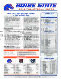 2014 VOLLEYBALL NOTES Release Date: November 21, 2014 Boise State Closes Season on the Road at UNLV and Utah State THIS WEEK FOR THE BRONCOS